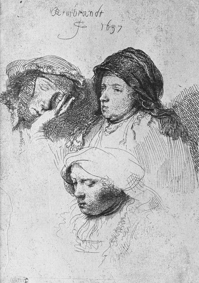 Three female heads with one sleeping, 1637 by Rembrandt van Rijn